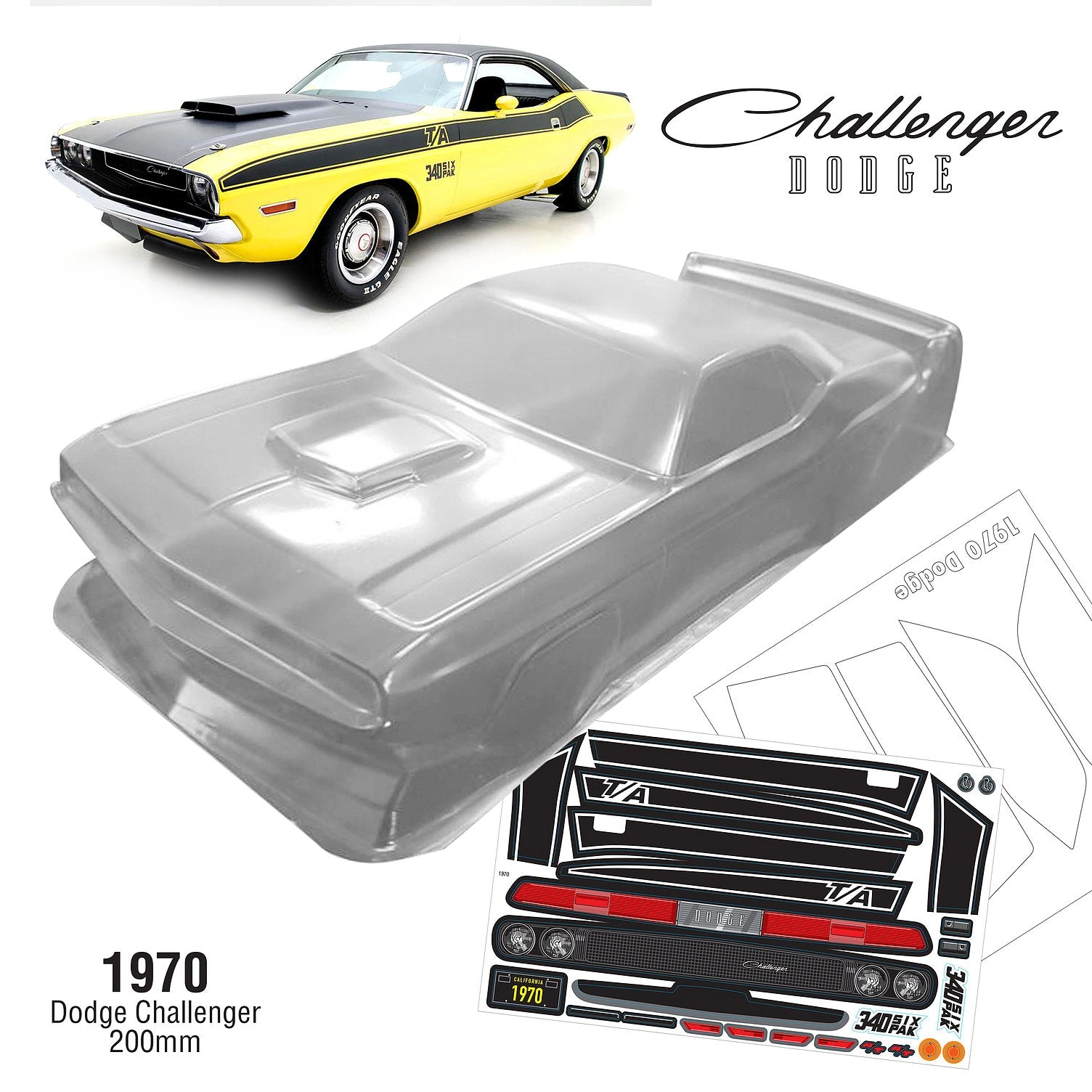 Retro Ride: 1970 Dodge Challenger Body for TT01/TT02! Classic Muscle! 200mm Wide! Ready to Roll!